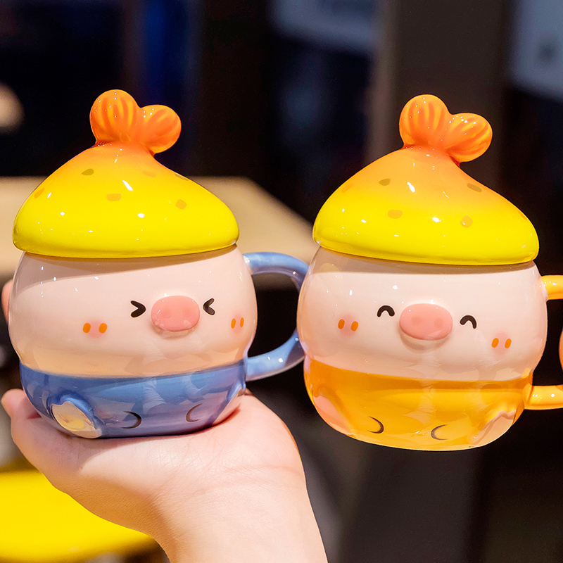 陶瓷马克杯带盖儿童家用茶杯喝水小猪猪水杯女孩新款2024可爱杯子
