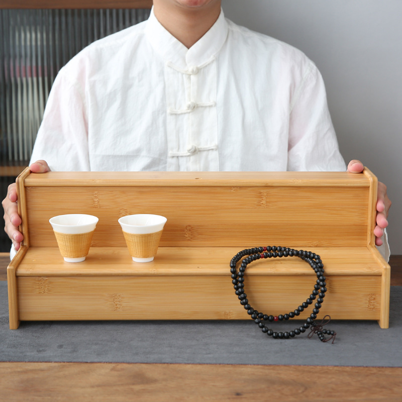 销竹制双层博古架实木中式桌面小型杯架功夫茶具茶壶杯子展示架厂