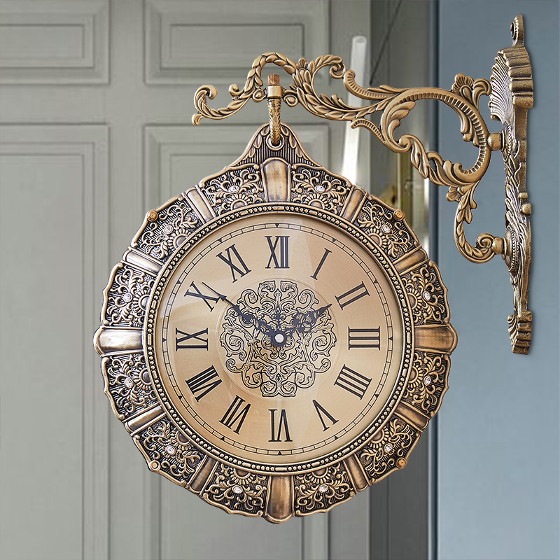 欧式复古客厅静音双面钟个性美式奢华两面挂钟工艺术创意时钟挂表
