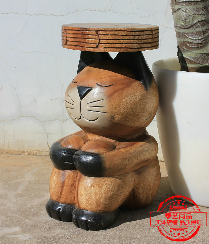 泰国木雕猫凳天然手工实木创意可爱猫摆件家用客厅电视柜时尚花几