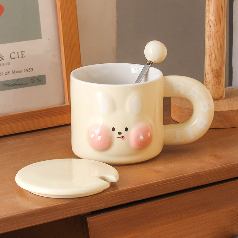 卡通兔子陶瓷杯带盖勺女生高颜值可爱情侣礼物水杯办公室马克杯
