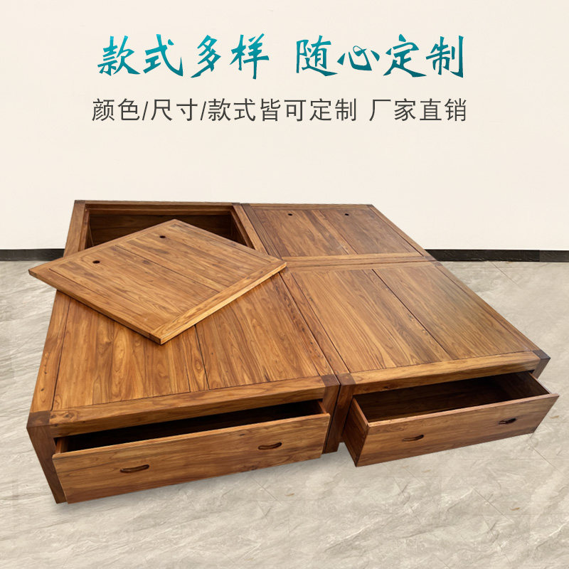 老榆木床纯实木双人床高箱体床卯榫储物1.8米落地式抽屉榻榻米床