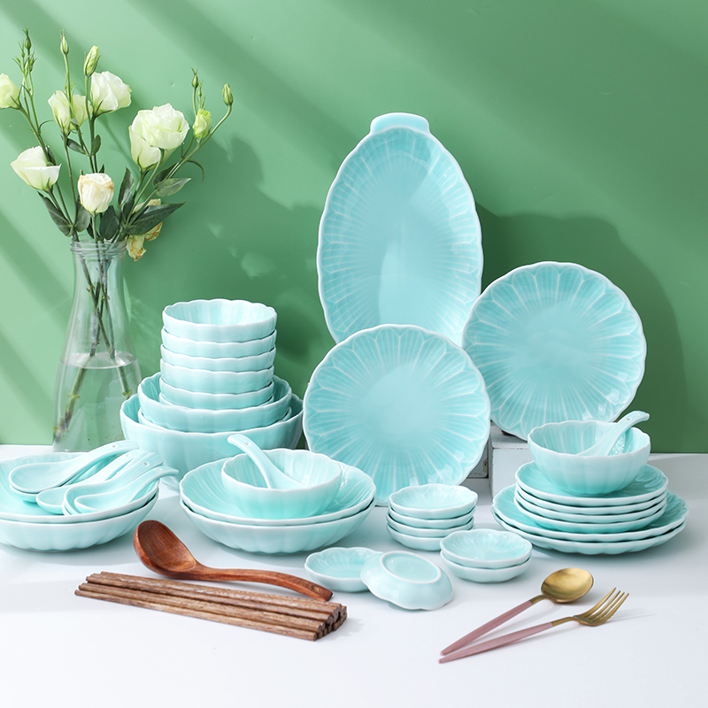 欧式陶瓷餐具碗盘简约龙泉釉盘子高档碗碟套装家用碟子吃饭碗面碗