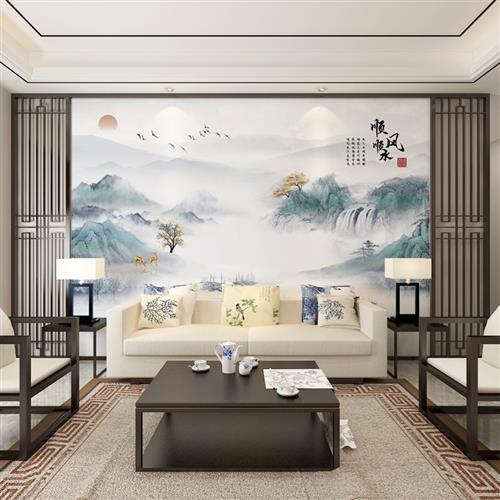 新中式墙画意境壁纸山水顺风顺水客厅电视背景墙自粘墙贴定制壁布