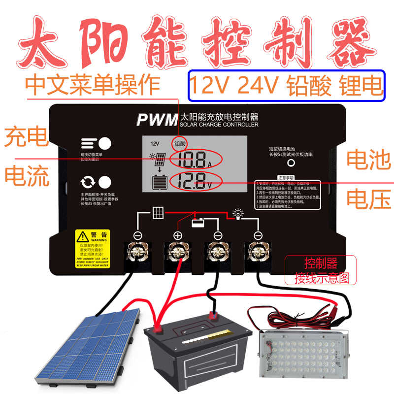 中文界面太阳能控制器 12v24v40a50a60a铅酸锂电池充电type-c快充