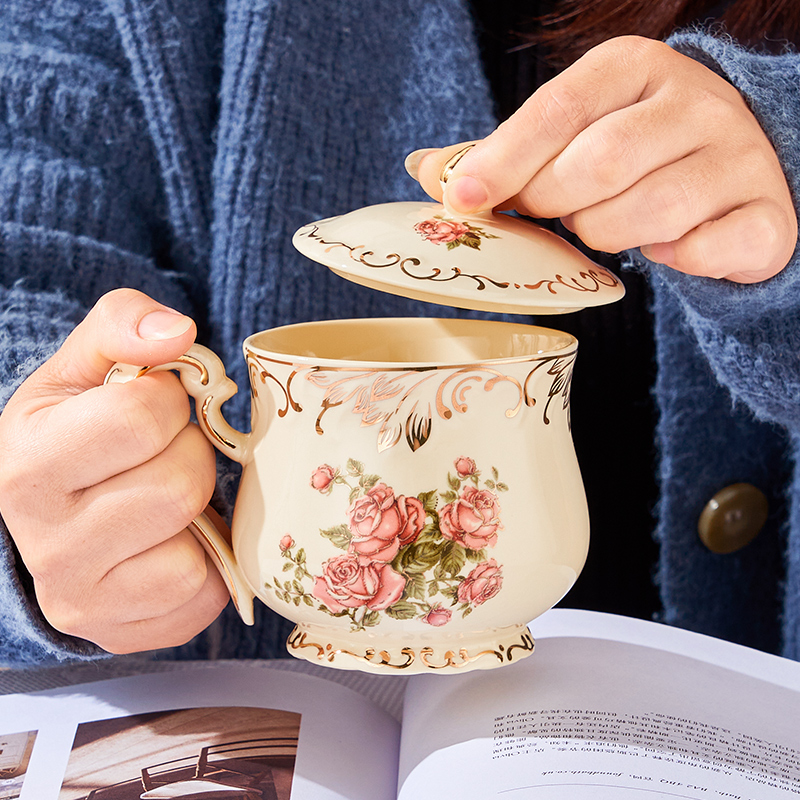 咖啡杯陶瓷复古马克杯水杯子女茶杯欧式带盖勺奢华高档颜值办公室