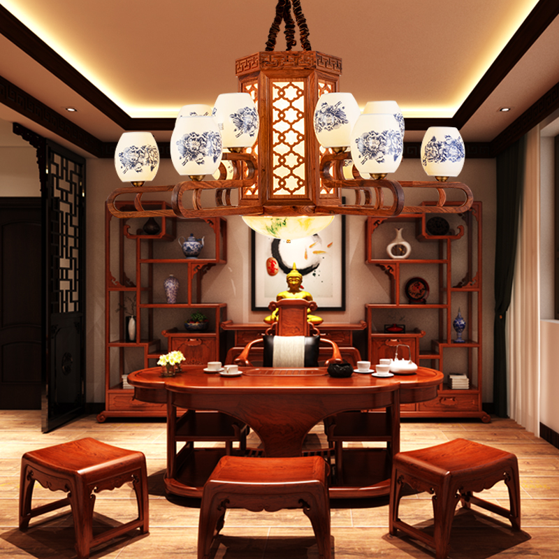 新中式别墅客厅酒店大厅大堂红木吊灯中国风复古玻璃灯罩实木灯饰