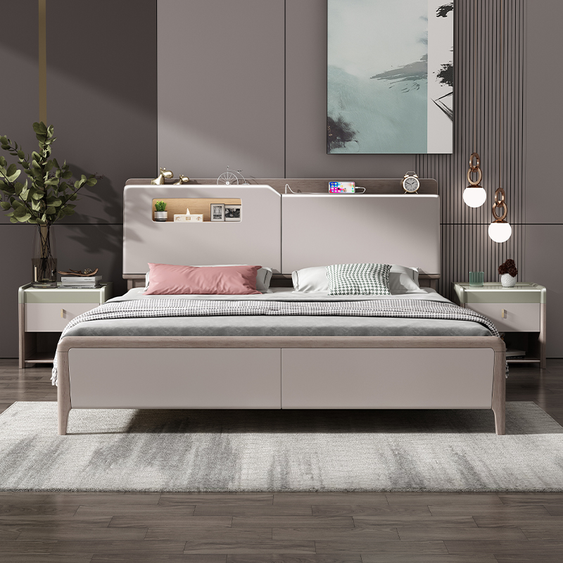 。2023年新款现代简约北欧轻奢实木床双人主卧大床1.8米储物箱体