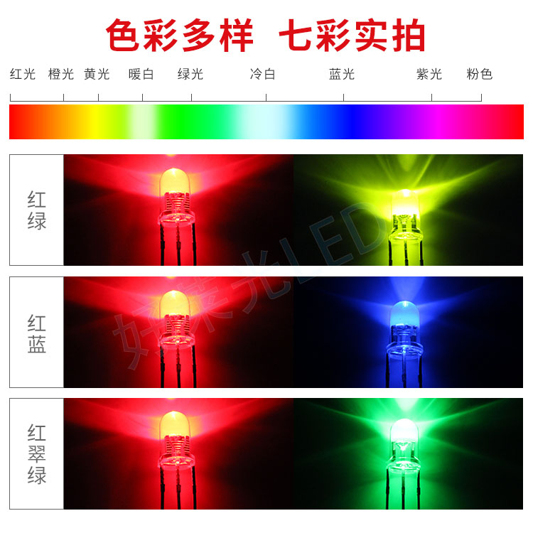 双色F5/5MM圆头透明LED发光二极管 红绿红蓝红翠绿 共阴共阳直插