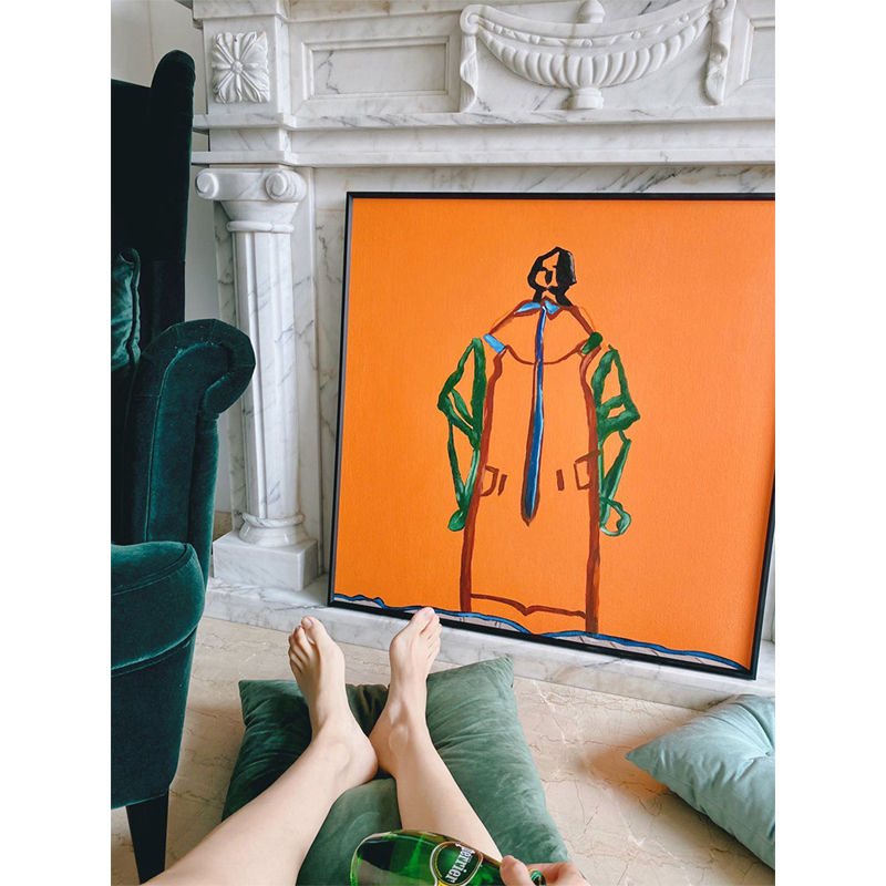 rinoart 澳洲设计手绘丝巾画现代抽象装饰挂画玄关沙发壁画纯色橙