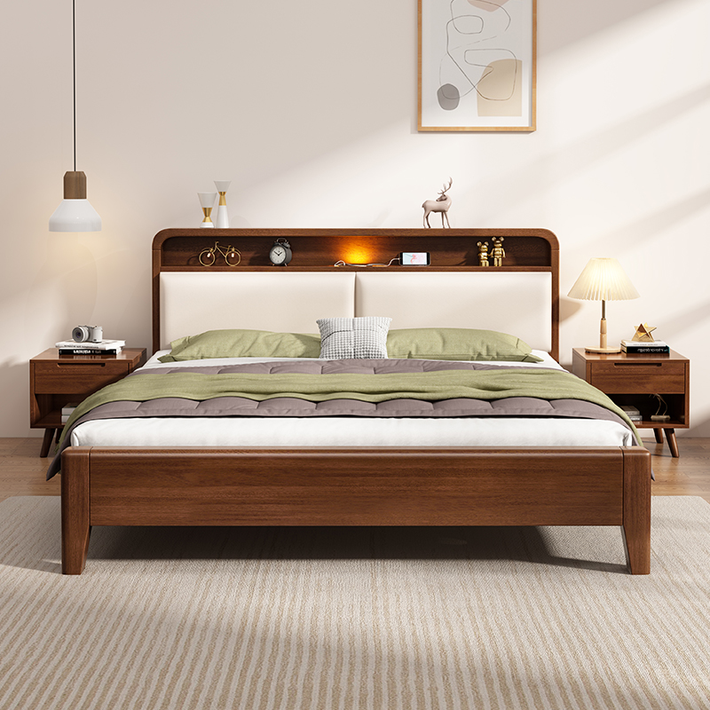北欧实木床日式胡桃色带灯1.8米双人床高箱储物软包床单人床1.5家