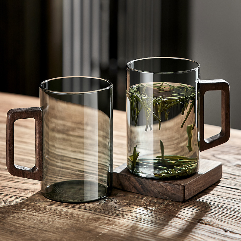 中式水杯待客泡茶杯耐高温男士木柄玻璃杯套装家用喝水杯子大容量