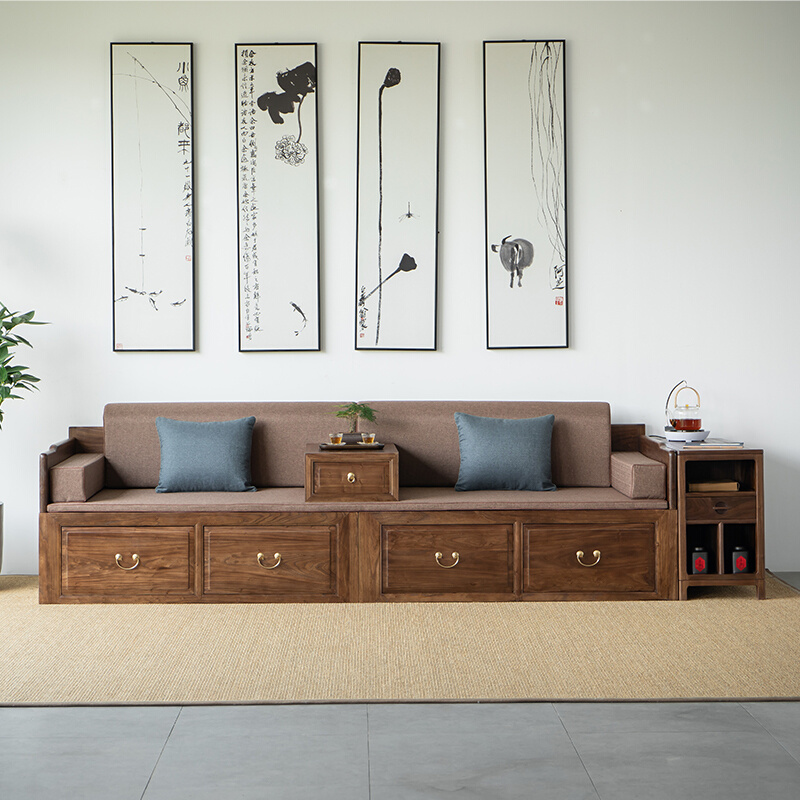 新中式老榆木客厅罗汉床沙发角几组合简约现代箱体储物卧榻床榻椅