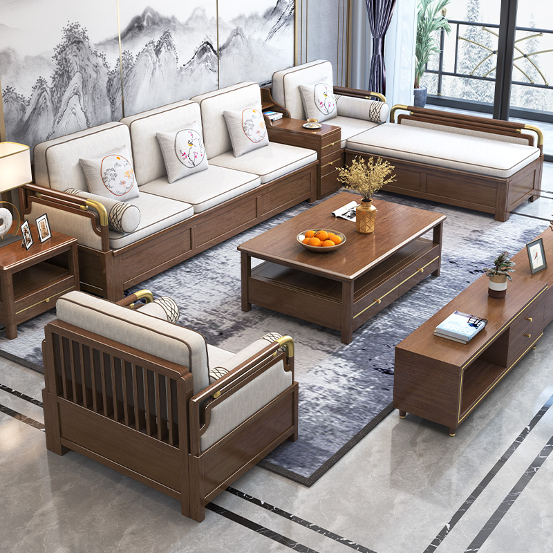 胡桃木新中式全实木沙发组合布艺冬夏两用现代简约小户型客厅家具