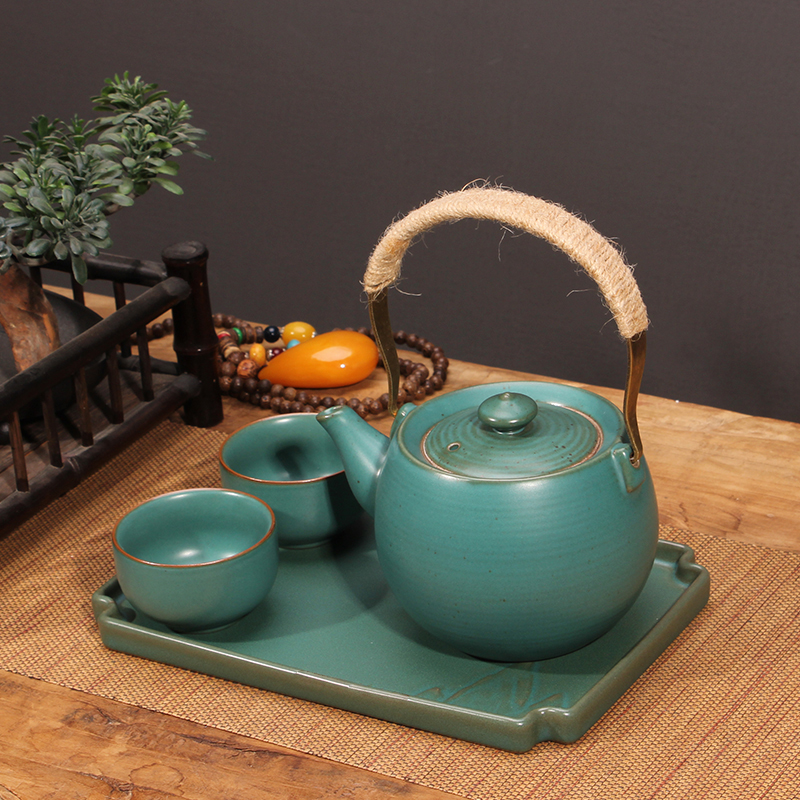 日式粗陶一壶两杯功夫茶具套装整套陶瓷仿古提梁茶壶干泡茶盘茶杯