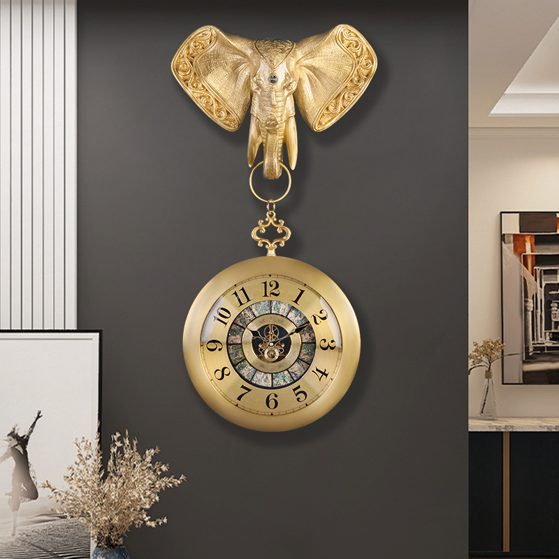 欧式客厅创意黄铜钟表家用玄关装饰创意挂钟时尚别墅美式大象挂表