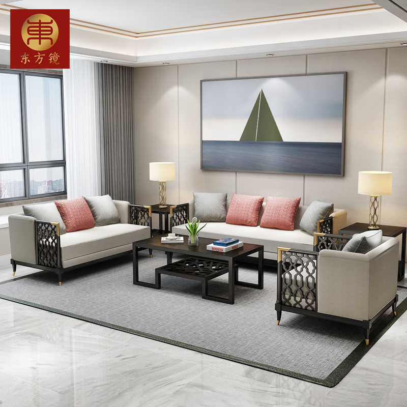 新中式客厅实木沙发123组合现代布艺沙发酒店别墅样板房家具定制