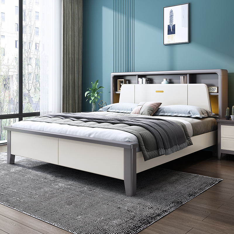 北欧现代简约白色实木床1.8米单双人主卧家用1.5m带灯箱体储物床