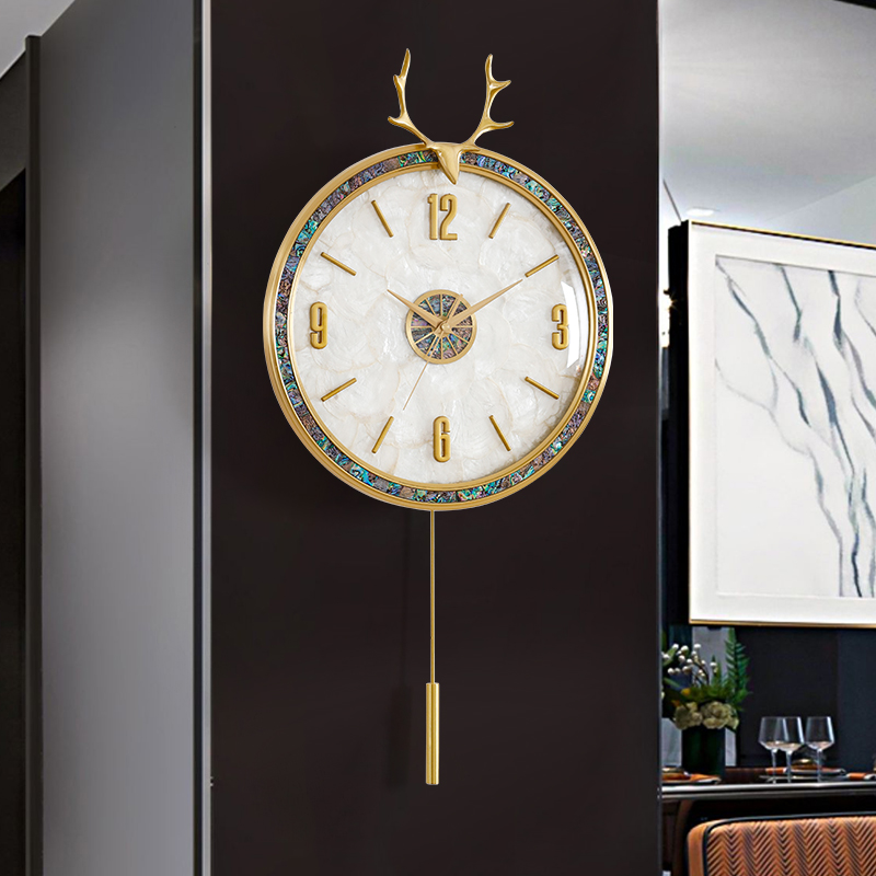 网红现代轻奢黄铜贝壳钟表欧式简约创意装饰挂钟客厅家用静音时钟