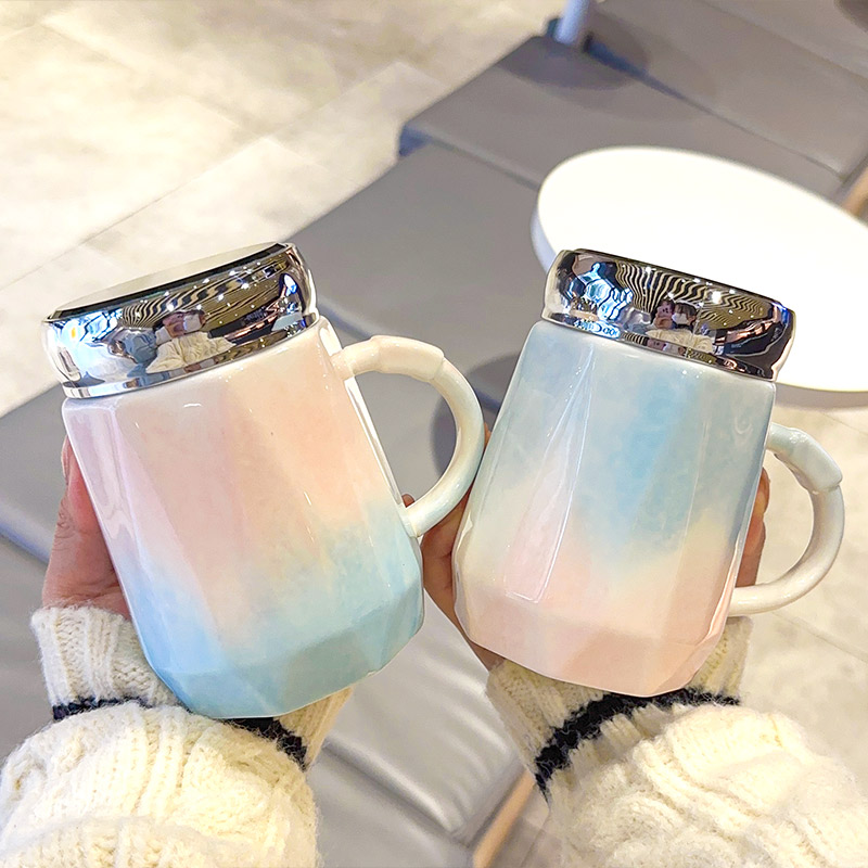 镜面马克杯女生家用陶瓷水杯办公室高颜值喝水杯子带盖高级感茶杯