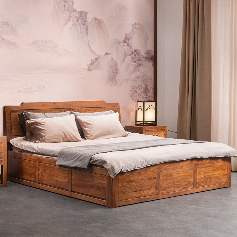 溪木工坊实木箱体床新中式双人床老榆木高箱储物床