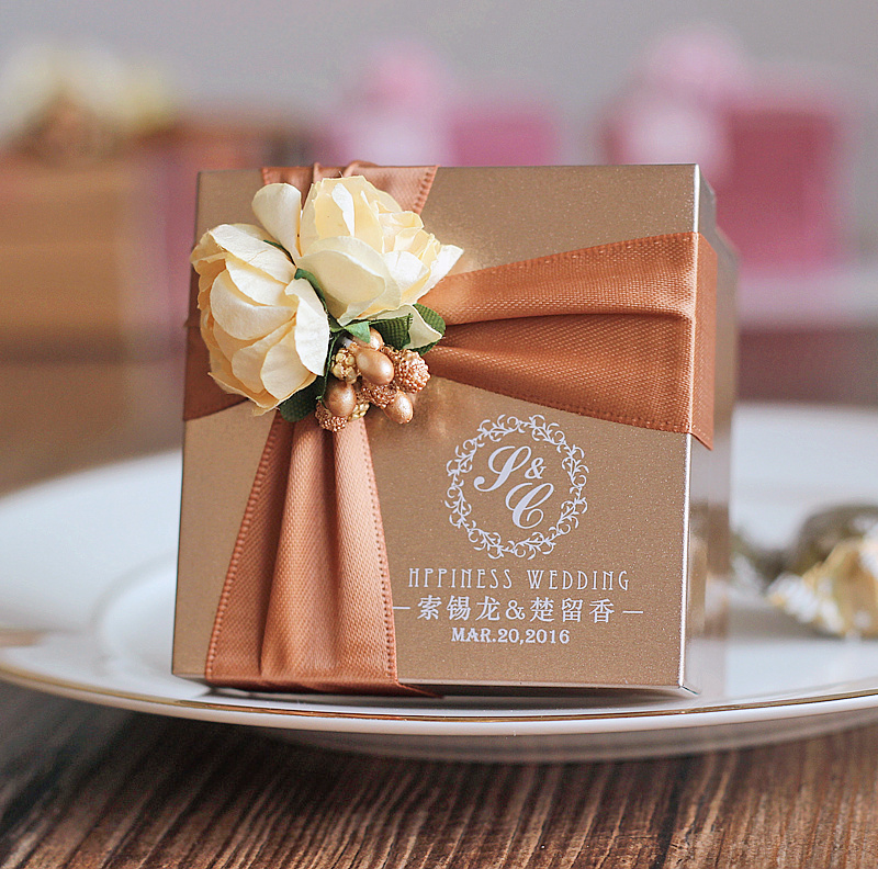 花半里结婚创意欧式喜糖盒香槟金色婚礼糖果盒子婚庆用品马口铁盒