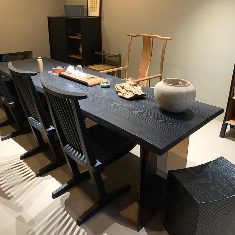 侘寂风碳化黑色实木餐桌原木大板亚克力泡茶桌简约悬浮工作台桌子