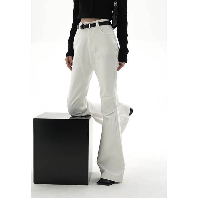 SRYS美式设计裁剪版型好显腿长喇叭牛仔裤高腰水洗白色黑色长裤女