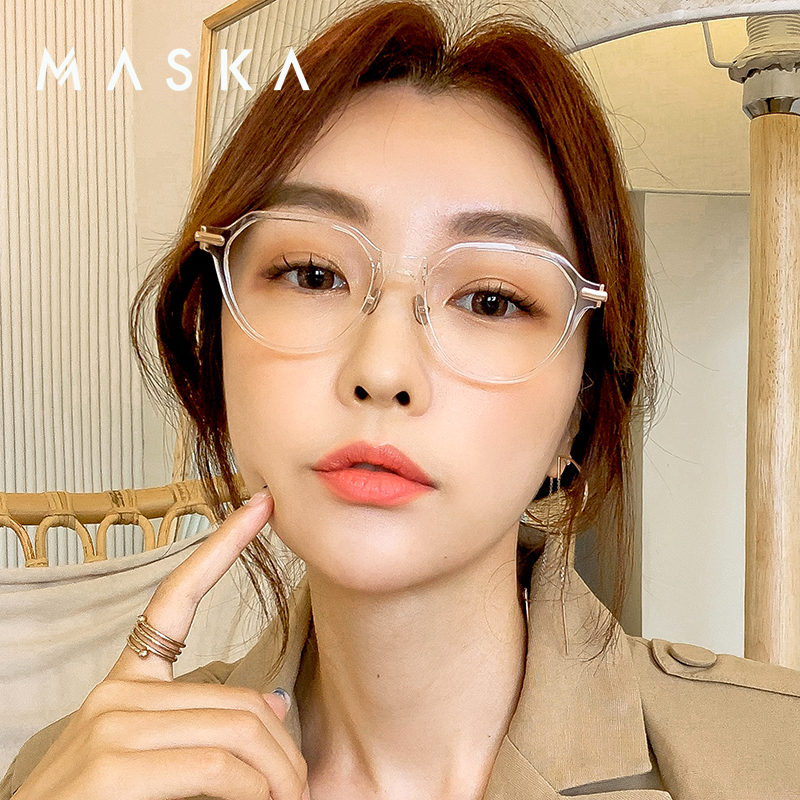 韩国MASKA眼镜框男女黑色透明板材全框纯钛超轻玫瑰金眼镜架ABURT