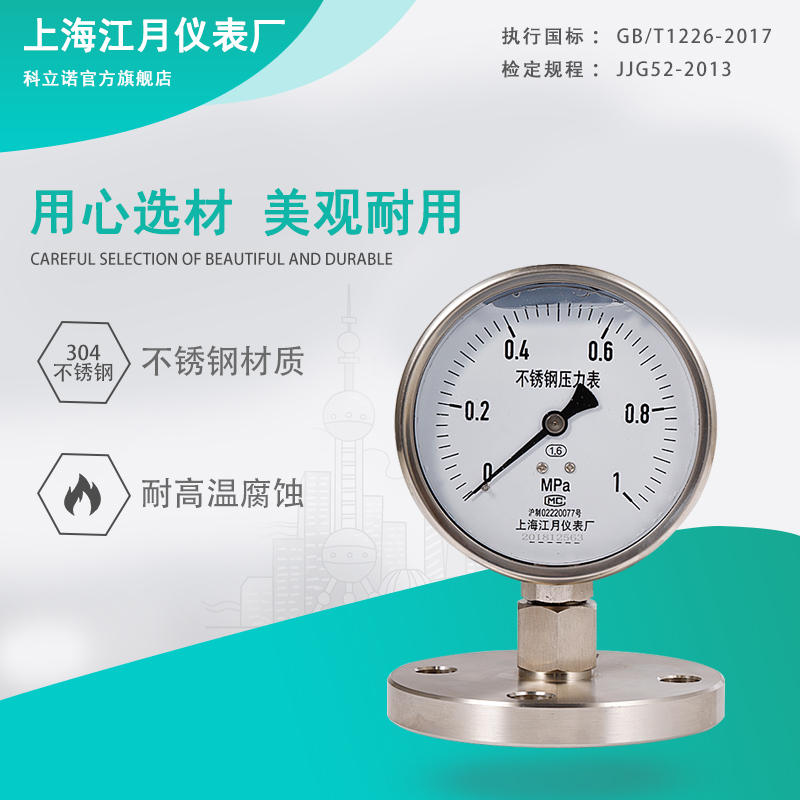 上海江月仪表Y100BF/MF法兰式径向型隔膜水压力表氧气氮气气压表