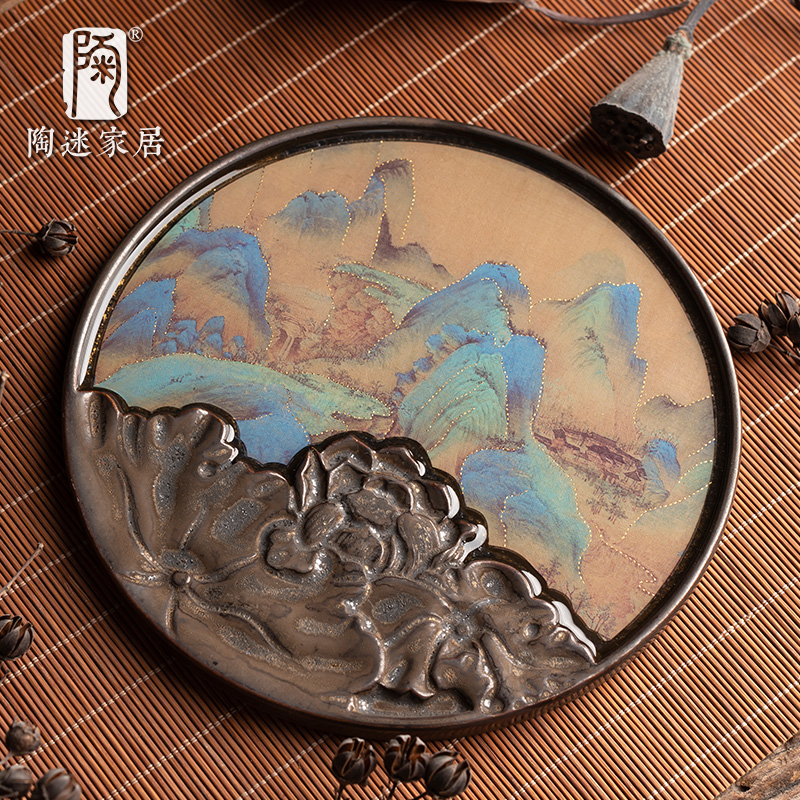 陶迷绘画壶承浮雕蓄水小茶盘禅意日式功夫茶具配件窑变陶瓷干泡盘