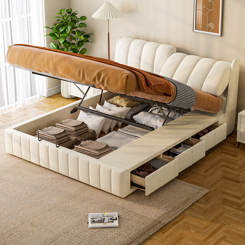 北欧科技布艺储物大床现代简约奶油风主卧落地网红床双人箱体床