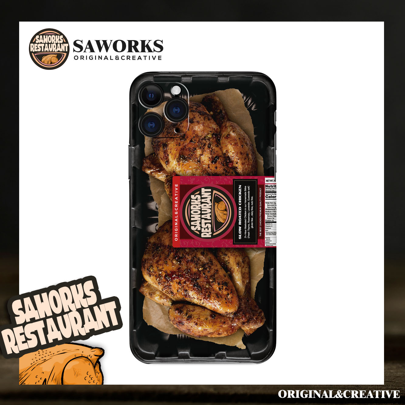 saworks原创设计xr烧鸡手机壳 苹果X适用于iphone 13Pro Max网红7plus 8可爱14 promax食物max男女款亮面新款