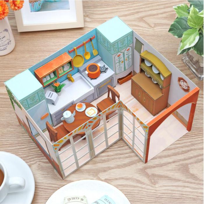 儿童手工折纸DIY拼装立体益智3D纸质模型房屋内饰餐厅厨房场景