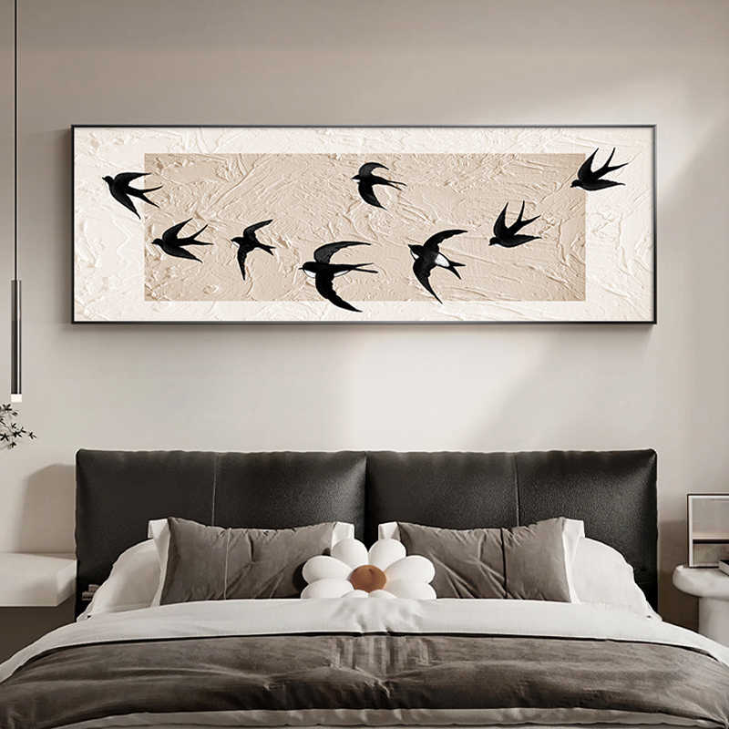 美拉德卧室床头挂画中古风高级感客厅背景墙壁画燕子横幅喷绘挂画