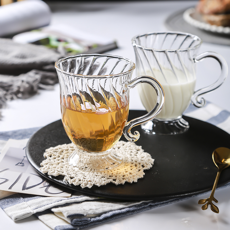 古典英式玻璃杯条纹高脚水杯微波炉可用茶杯下午茶爱心壶手柄杯子
