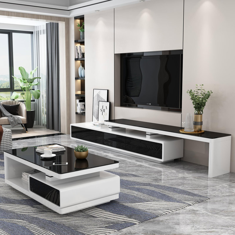 现代简约可伸缩黑白茶几电视柜组合套装小户型客厅地柜成套家具