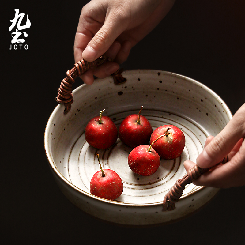 九土日式碗盘复古粗陶菜盘盘子创意家用鱼盘陶瓷餐具水果盘圆深盘