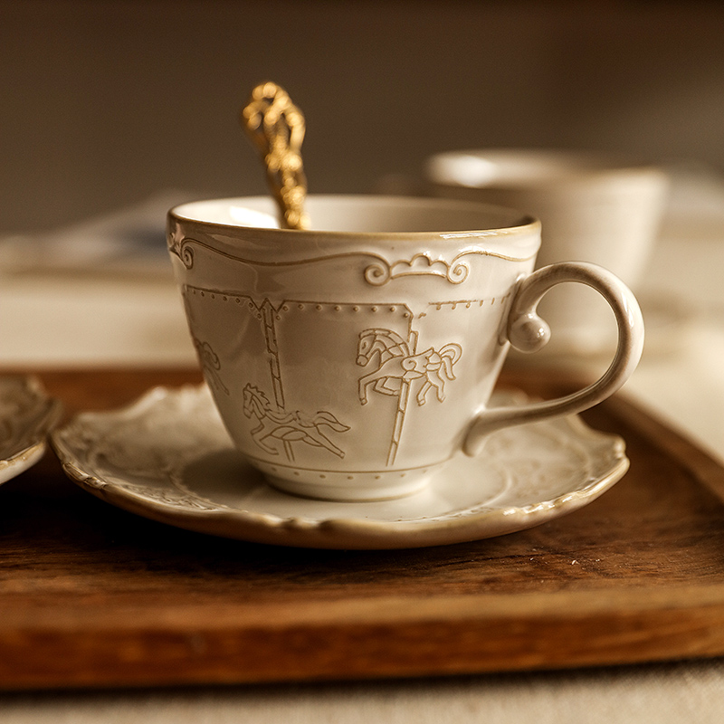法式浮雕陶瓷杯子复古下午茶咖啡杯碟欧式轻奢风茶具马克杯牛奶杯
