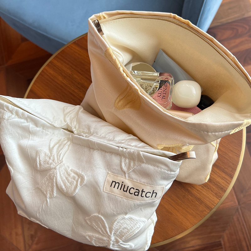 美摘miucatch蝴蝶结帆布化妆包白粉金色大容量旅行便携收纳整理袋