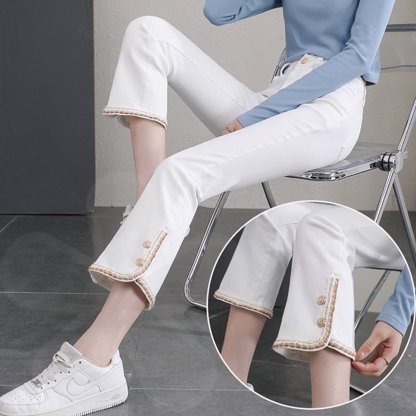 微喇牛仔裤女春季2023年新款小个子春季新款高腰显瘦白色喇叭裤子