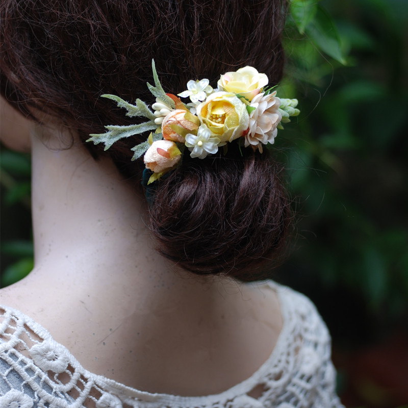 原创设计森林系森女手作绒面花朵发夹，胸针两用弹簧夹新娘发饰