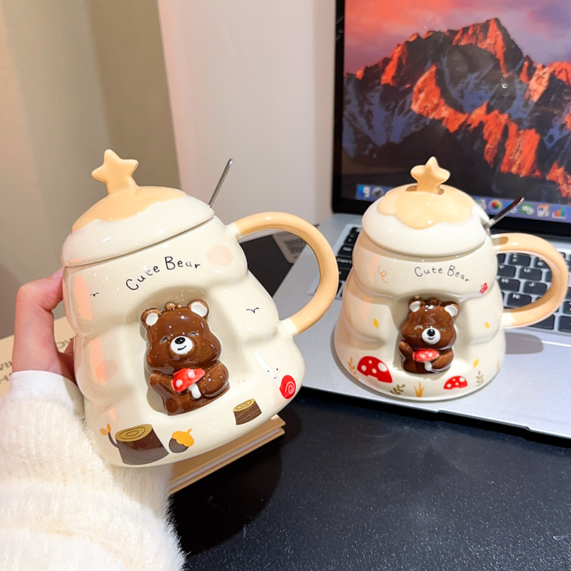 高颜值陶瓷水杯可爱小熊带盖勺女生家用奶fufu马克杯办公室咖啡杯
