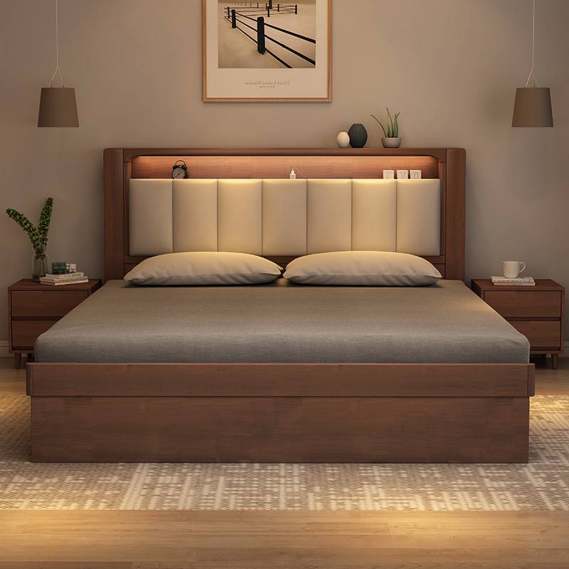 实木胡桃色主卧大床现代简约1.8米双人床气压储物收纳床1.5米箱体