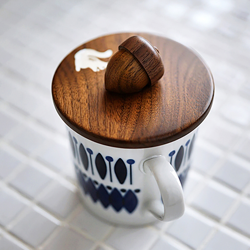 日本进口手作杯盖胡桃木实木制贝壳镶嵌兔子松鼠栗子手工松果杯垫