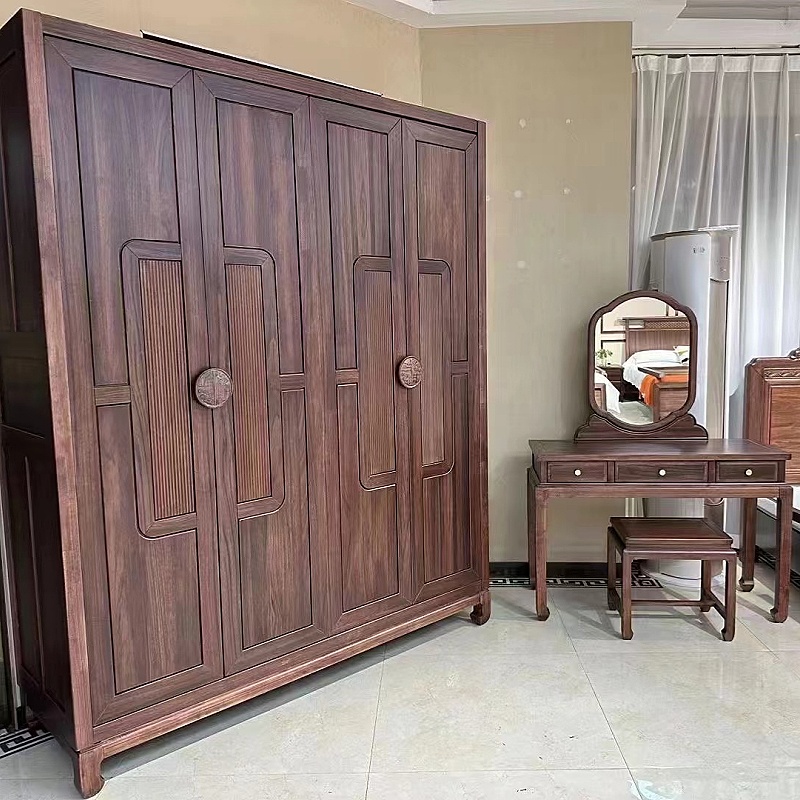 新中式乌金木双门对开衣柜全实木梳妆台带凳高档家具组合别墅套系