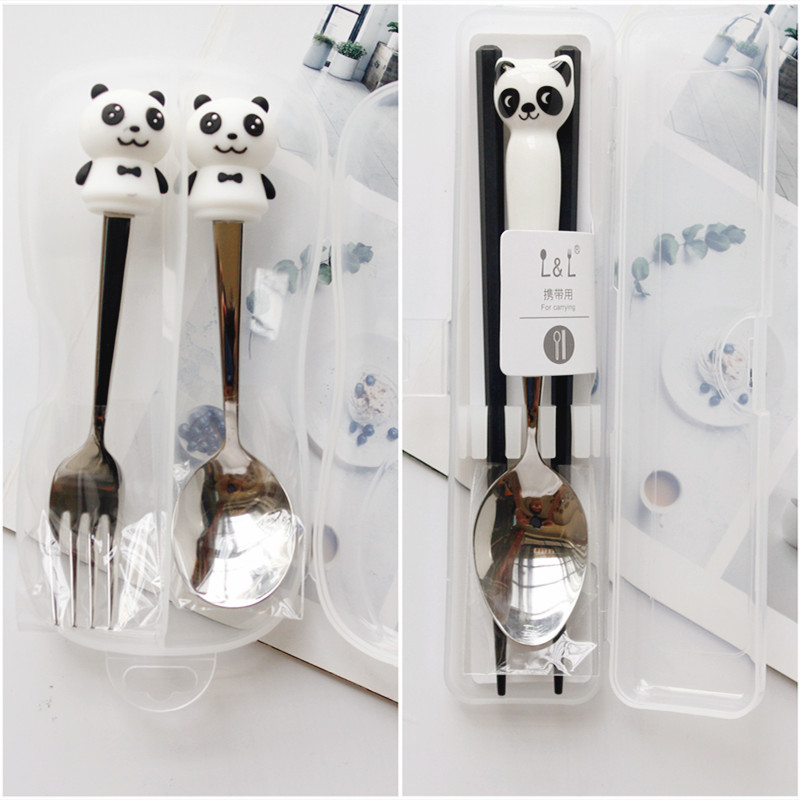 可爱熊猫不锈钢叉子勺子筷子组合便携餐具套装宝宝调羹成都纪念品