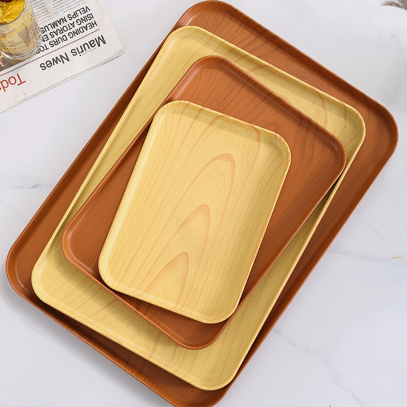 日式仿木纹理托盘长方形塑料酒店小托盘放水杯水果茶盘商用餐盘