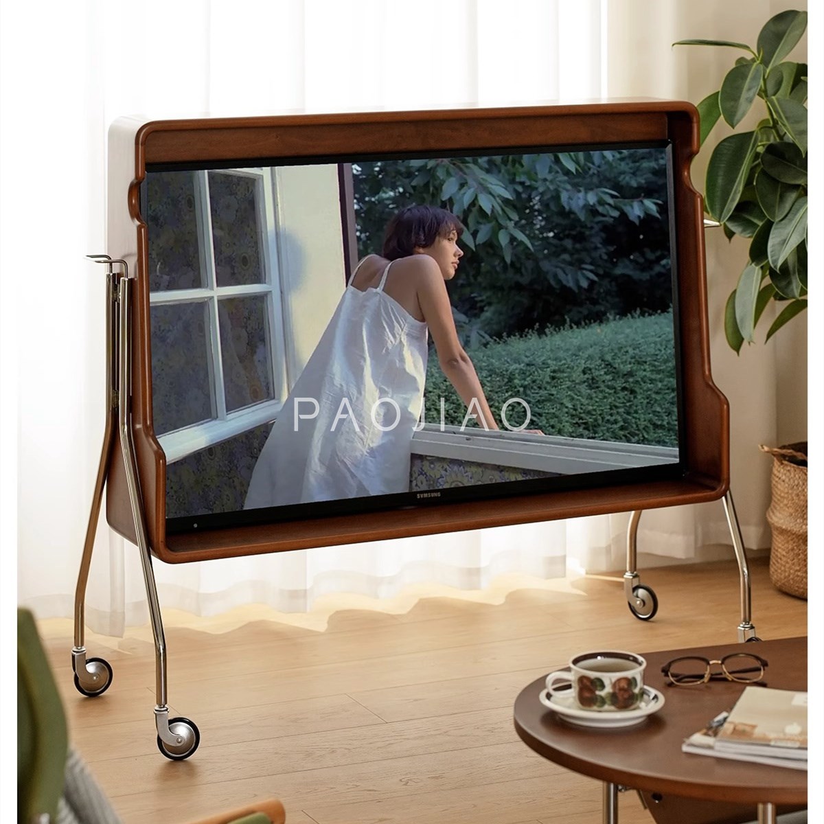 北欧复古电视机可移动支架立式挂架实木小户型显示器落地式挂架子