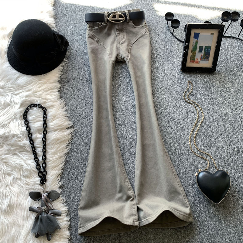 灰色微喇叭牛仔裤女秋季美式设计感显瘦直筒小个子修身弹力马蹄裤